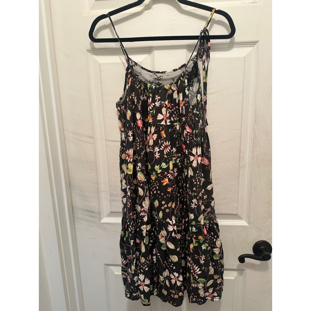 Natural Life Floral Lace Trim Tiered Boho Mini Dress Black Pink Green Womens M - Picture 3 of 3